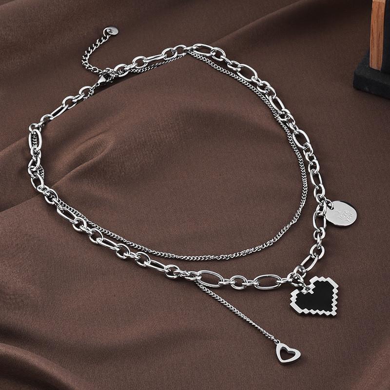 Elegant Titanium Steel Heart Necklace For Women With Double Layer Mosaic Design