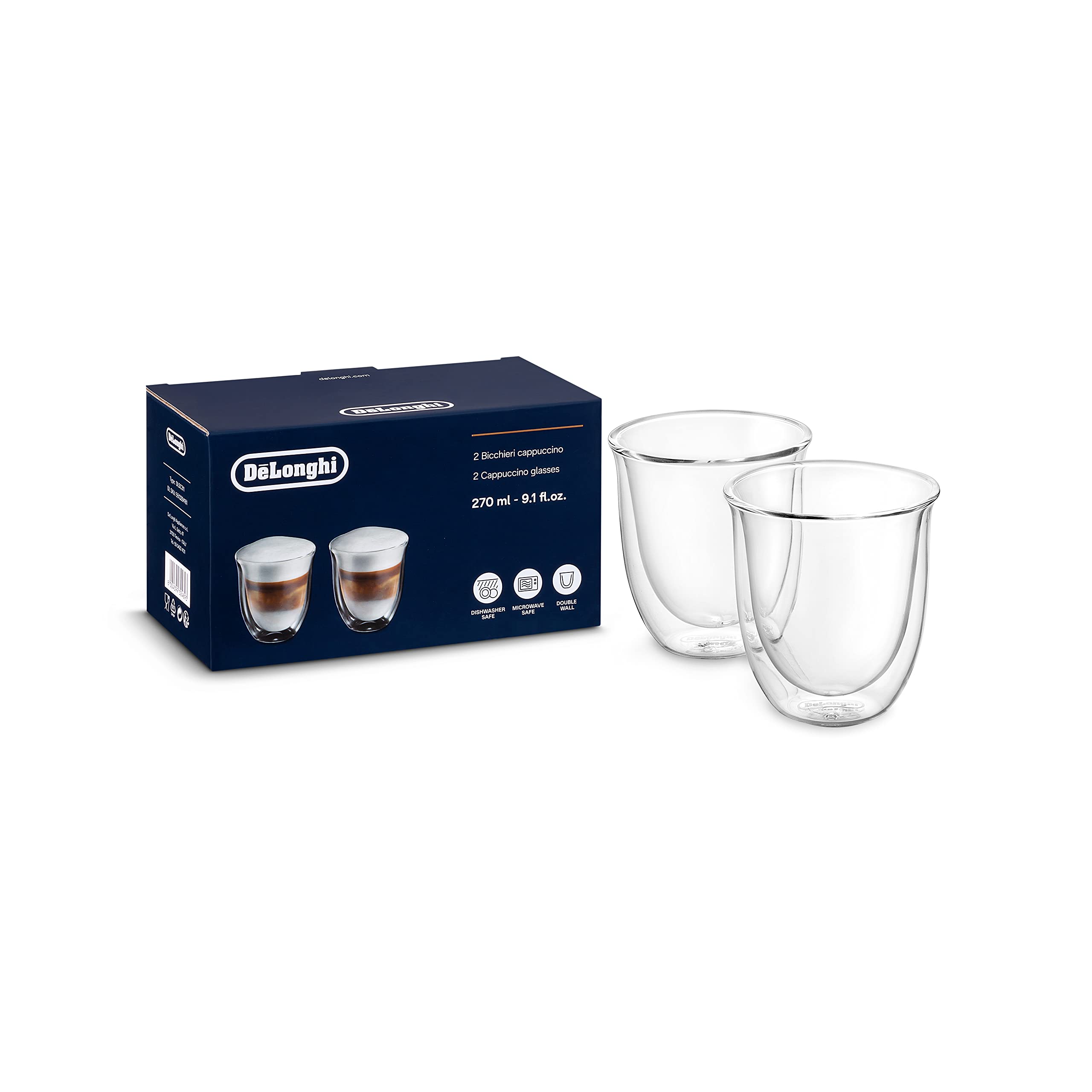 

Double Wall Glass Cup Coffee Cappuccino 190ml when 2 pieces Double walled Heat retention Latte art warranty item De Longhi DWG2S-190 (270ml full)