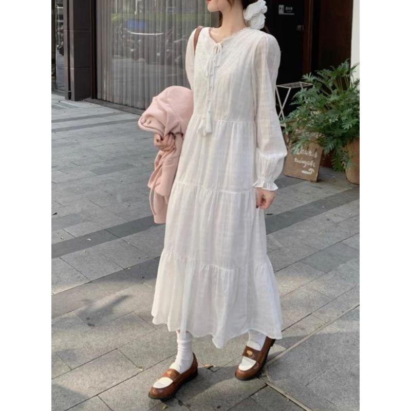 Kumikumi Elegant White Long Sleeves Dress Women's Autumn Gentle A- line Skirt Slimming Fairy Lady Skirt Long Skirt