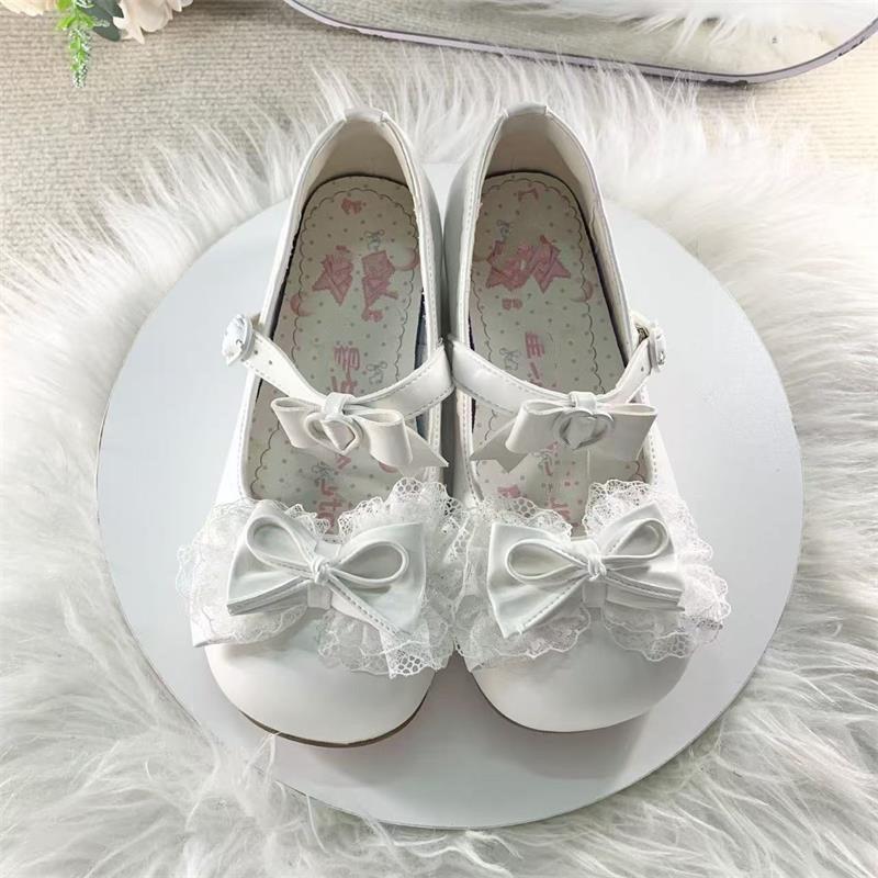 Lace Bow Knot Women's Mary Jane Shoes 2025 New Sweet Ballet Dance Shoes Buckle Strap Comfortable Princess Leather Shoes