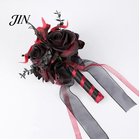 Spooky Wedding Bouquet Gothic Bride Bouquet, Artificial Black Red Rose Flower Party Floral Centerpiece with Skeleton Hand Pumpkin Skull for