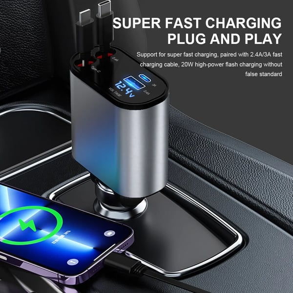 4 IN 1 Car Charger Retractable 100W Super Fast Charging USB Type C Adapter Cable Car Cigarette Lighter For IPhone Huawei
