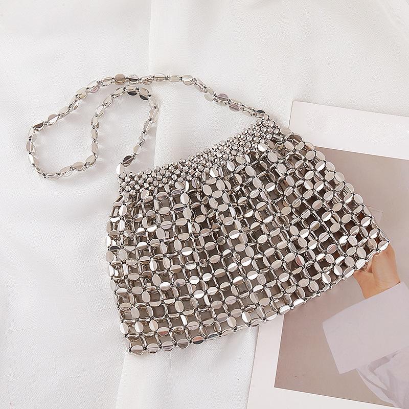 Yogodlns Women Summer Woven Hand Bag Luxury Design Hollow-out Silver Hand Woven Single Shoulder Underarm Bag