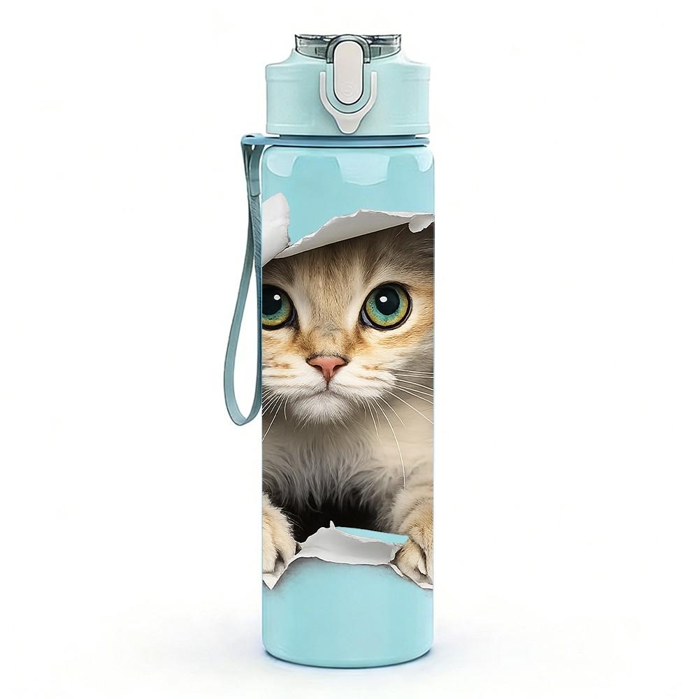 1PC Cat Breaking Through Wall Cartoon Print 750ml Color Plastic Sports Water Bottle Leakproof Flip Straw Lid Suitable for Sports Office Home Use