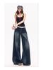 Women's Retro Tie-Dye Wide-Leg Denim Jeans with Dark Blue Bamboo Texture