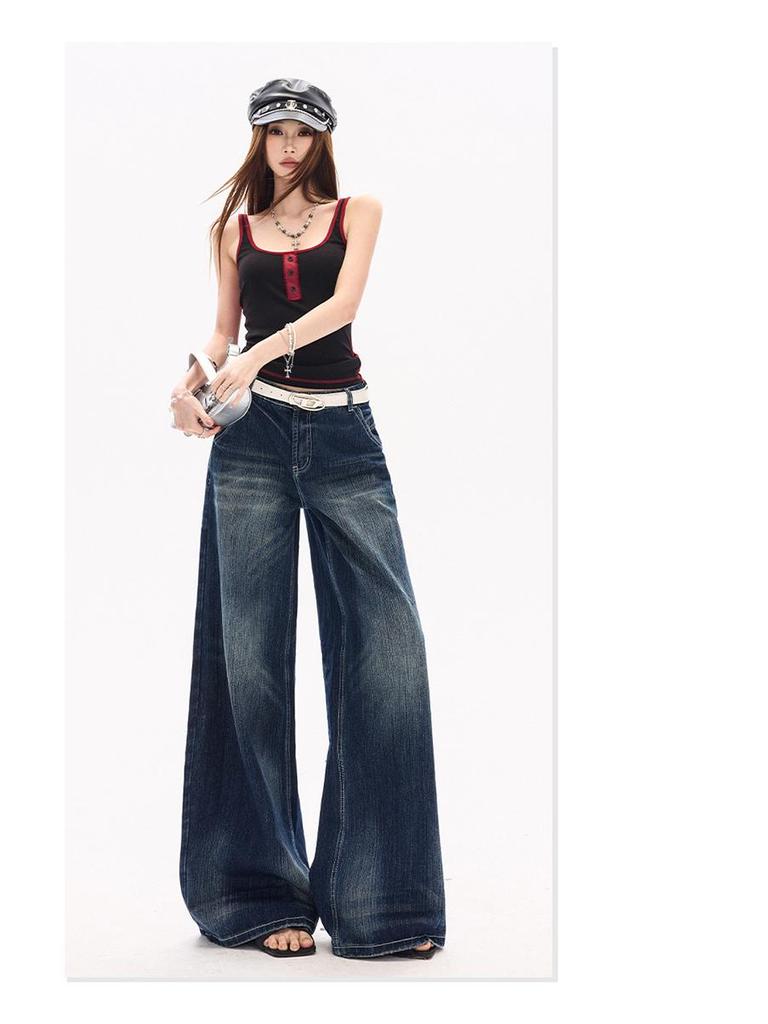 Women's Retro Tie-Dye Wide-Leg Denim Jeans with Dark Blue Bamboo Texture