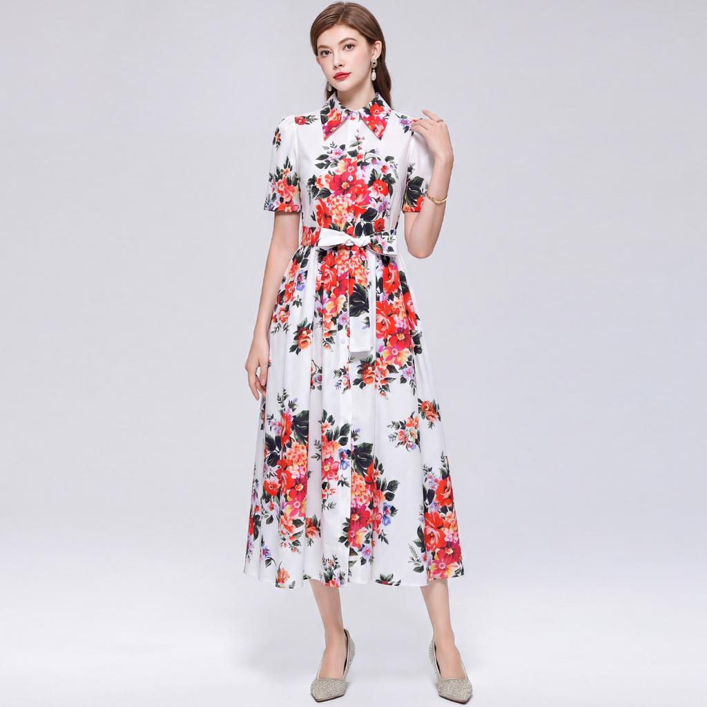 Elegant Gorgeous Flower Print Shirt Dress Women Summer Short Sleeve Collar Midi Dress with Sash Belt Vintage Style Party Wear