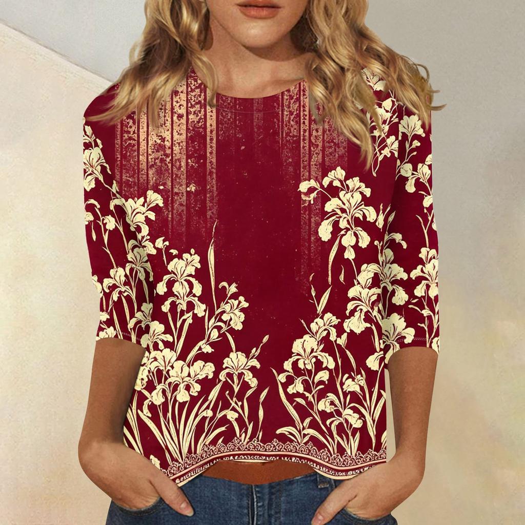 Women's Casual 3/4 Sleeve Floral Print Round Neck Top Lightweight Soft Fabric Comfortable Fit Stylish Design Suitable for Everyday Wear