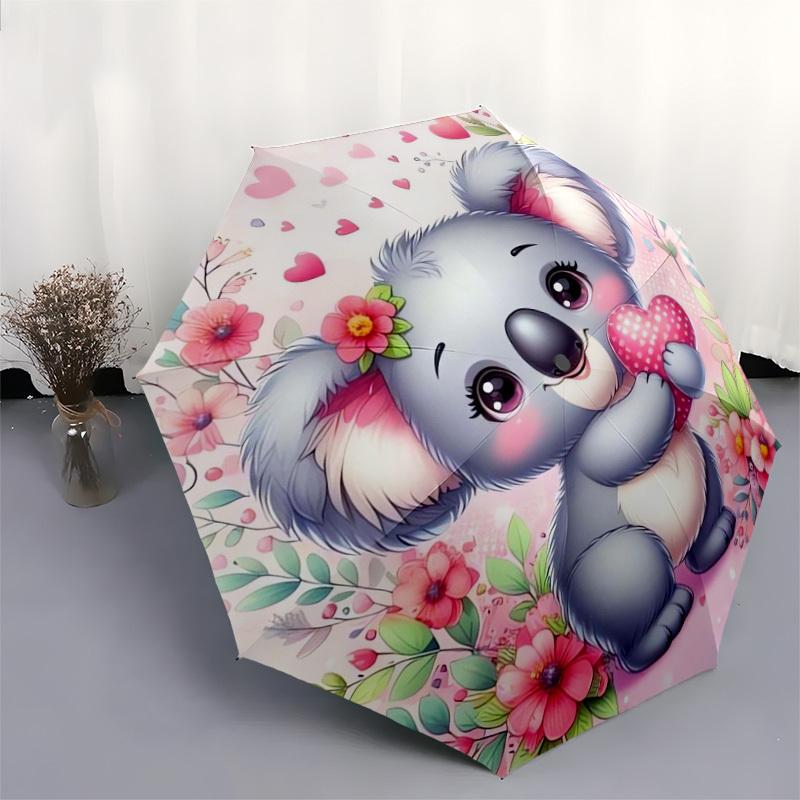 1pc Cute Koala with Heart On Floral Background Umbrella with Plastic Handle,Suitable for All Seasons Home Travel Outdoor UmbrellaDD558