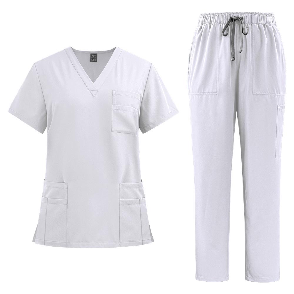 Unisex V-Neck Medical Work Scrub Suit with Pockets and Straight-Leg Pants