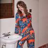 Womens Fox Camping Pajamas Thin Ice Silk Long Sleeve Loungewear Set