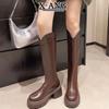 Leather Brown Mouth Skinny Boots Women's Small Thick-soled Heel Boots But Knee High Boots Knight Boots