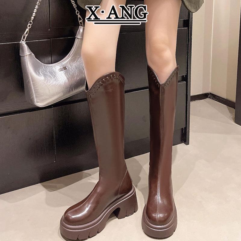 Leather Brown Mouth Skinny Boots Women's Small Thick-soled Heel Boots But Knee High Boots Knight Boots