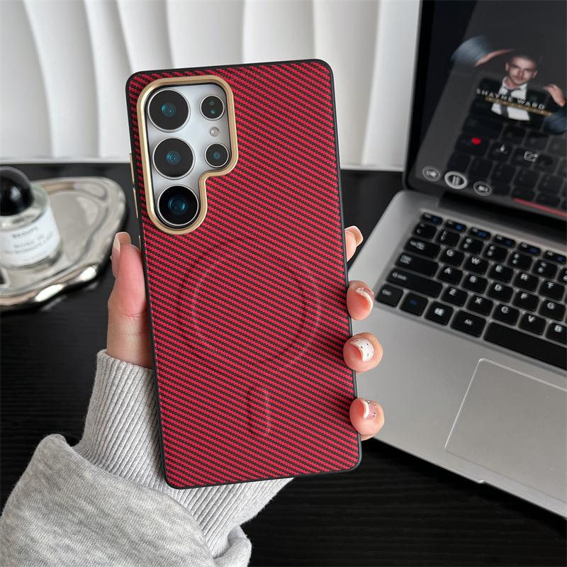 

Matte Business Carbon Fiber Texture Wireless Charging Magnetic For Magsafe Case For Samsung Galaxy S25 S24 Plus S23 Ultra Cover Galaxy S25+ красный