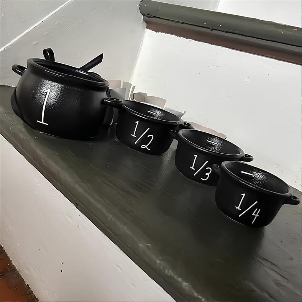 4PC  Witch Cauldron Set, Halloween  Kitchen Measuring Cup, Plastic Stackable Black Candy Pot With Handle, Home Party Favors Candy Bowl Decor,