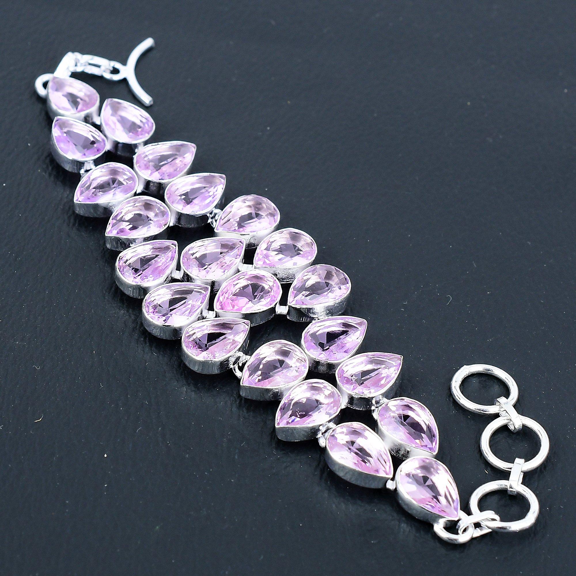 

Браслет из стерлингового серебра 925 пробы с розовым кунцитом ручной работы, серебряный браслет, браслет из розового кунцита для женщин, браслет унисекс для подарков 8 розовый