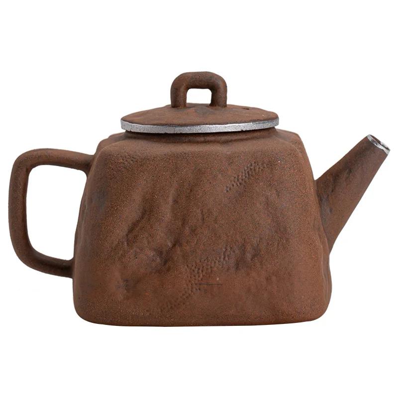 Empty Zhai Old Rock Clay Pot Vintage Stoneware Little Teapot Kung Fu Tea Set Handmade Silver Gilded Tea Kettle Tea Infuser