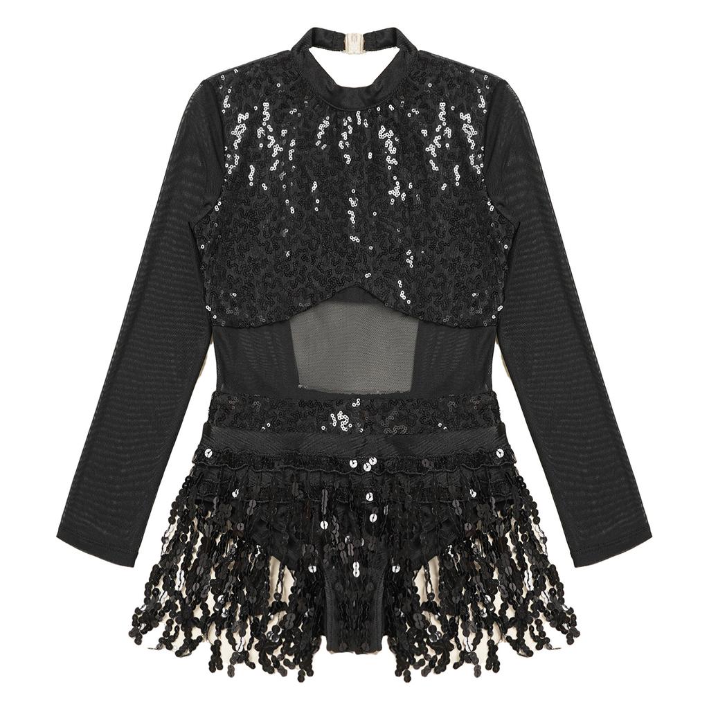 Robe de Danse Filles Paillettes Brillantes Ourlet à Franges Style Patchwork Maillots de Bain Tenues de Danse Vêtements de Scène