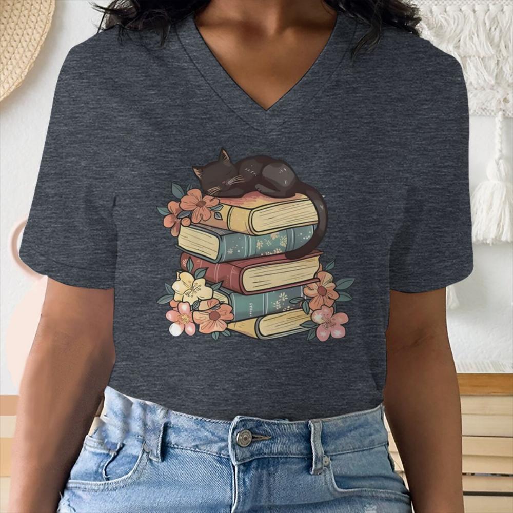 Fun Cat Mom & Book Lover Print V Neck T Shirt Women Bookish Cat Mom Streetwear Short Sleeve Unisex Vintage Bookworm Y2K Tops