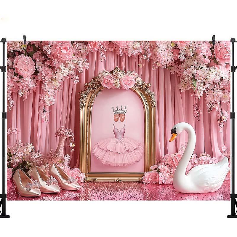LS Fotografie Hintergrund Ballettschläppchen Schwan Rosa Vorhänge Dekoration Mädchen Prinzessin Geburtstagsparty Cake Smash Foto Kulisse Studio