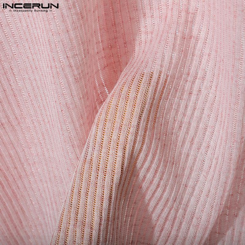 INCERUN Men Scoop Neck Long Sleeve Loose See Through Rib Undershirts Basics Tops