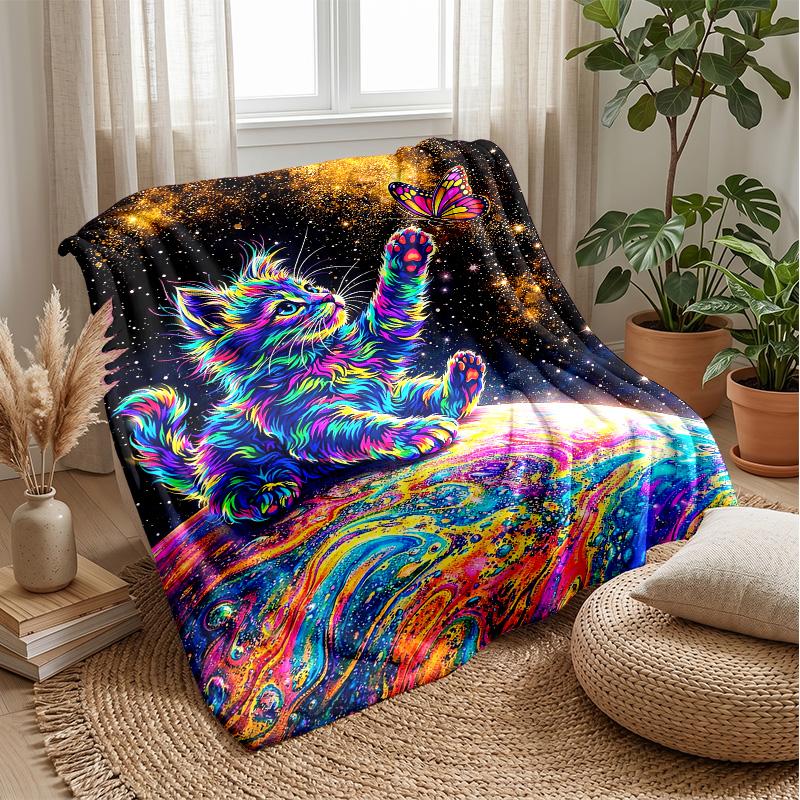 Neon Cat and Butterfly Theme blanket Lightweight Warm Flannel Blanket Decorative Throw Blanket for Home Decoration