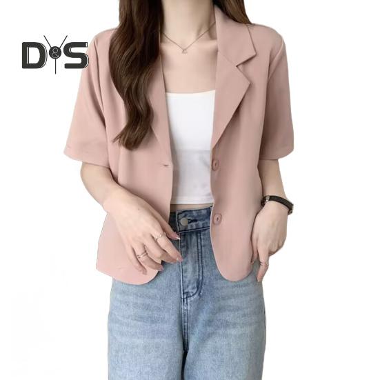 

Женский пиджак с лацканами, короткий рукав, свободный крой, пиджак с карманами, однотонный свободный летний деловой пиджак S розовый