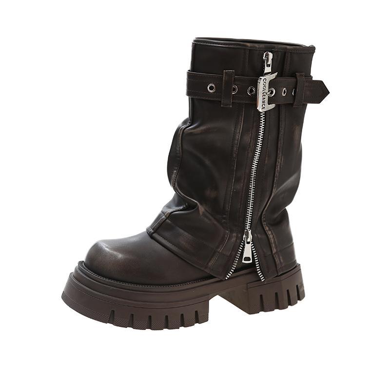Fashion New 5.5cm Winter Women Mid-calf Boots Western Short Boots Belt Buckle Soft Leather Boots Fashion Thick Bottom Platform Shoes