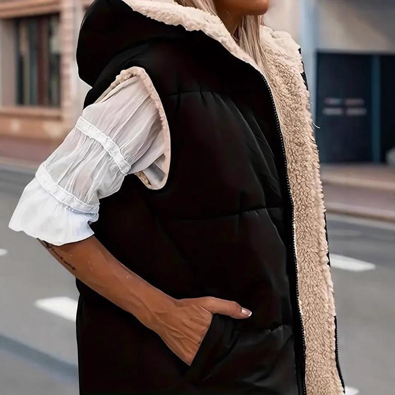 Solid color hooded cotton-padded vest double-sided wear slim-fit temperament cardigan jacket top