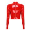 Women's Wetlook Patent Leather Mock Neck Long Sleeve Hollow Out Crop Tops Clubwear