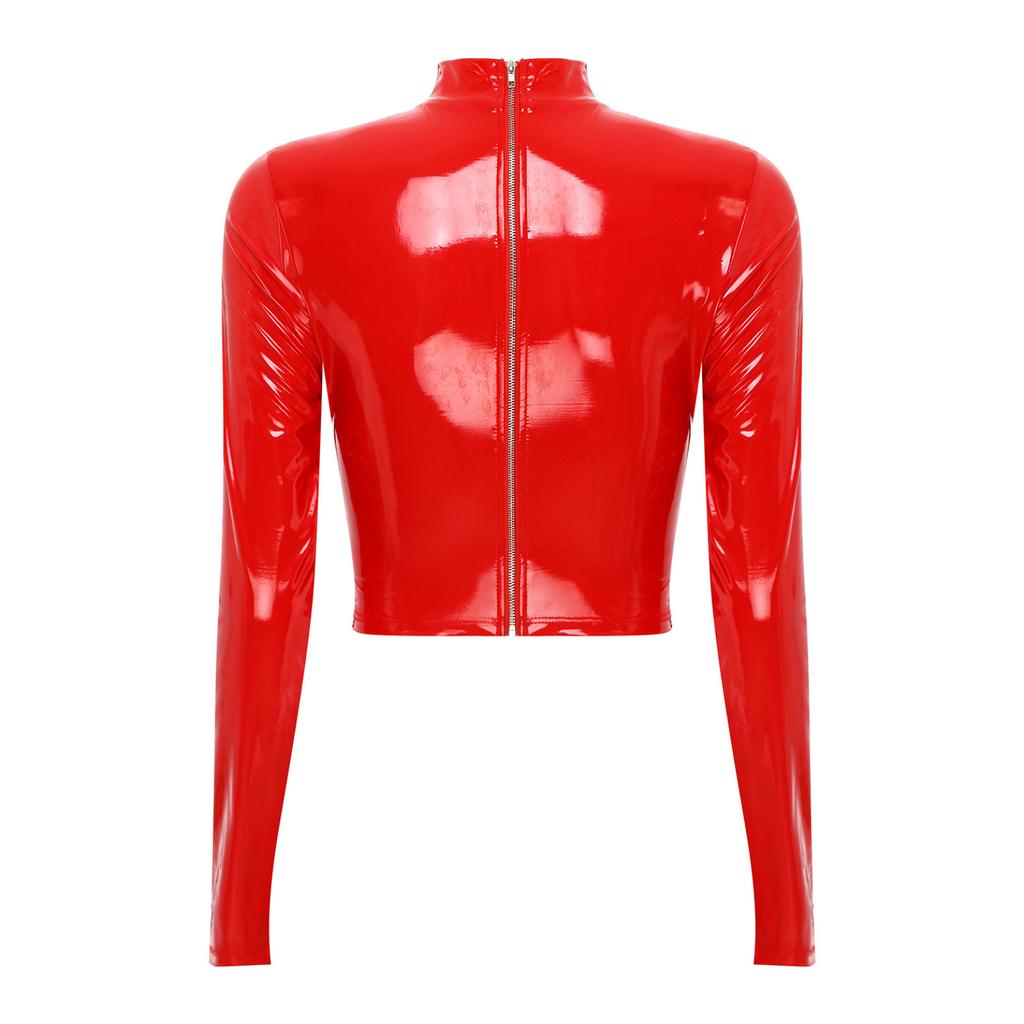 Women's Wetlook Patent Leather Mock Neck Long Sleeve Hollow Out Crop Tops Clubwear
