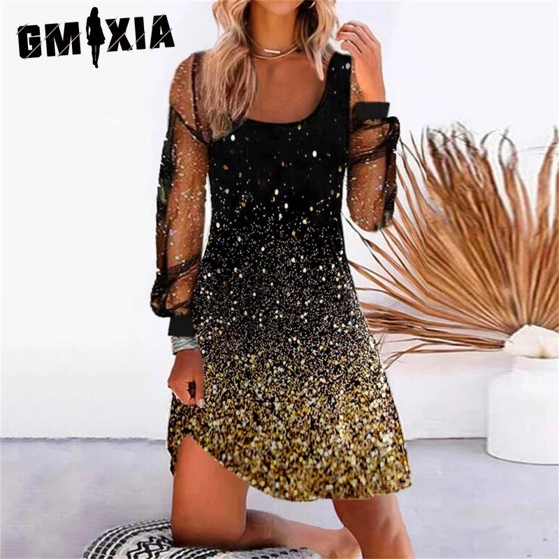 GMXIA Women's Fashion Spring Autumn Solid Color Print Long Sleeve U-Neck High Waist Casual Dresses