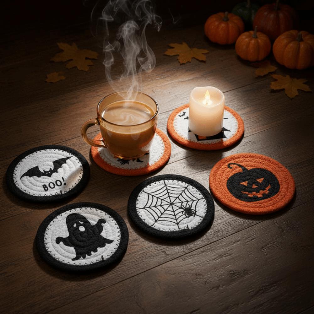 6pcs Heat Resistant Woven Coaster Cotton Rope Pumpkin Mat Halloween Placemat Bar Counter