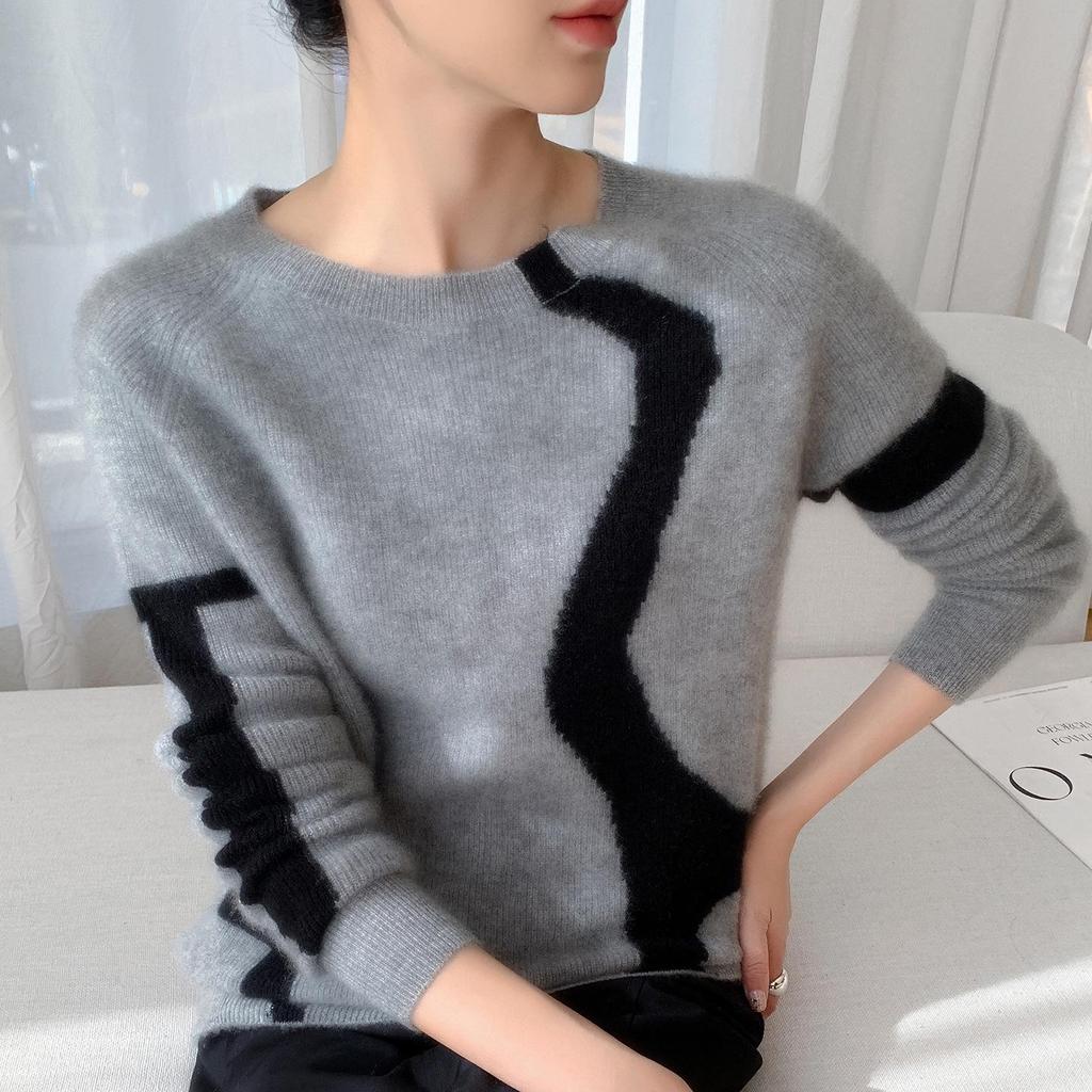 Women's Cashmere Color Block Round Neck Pullover Sweater - Elegant Style, Warm Knit