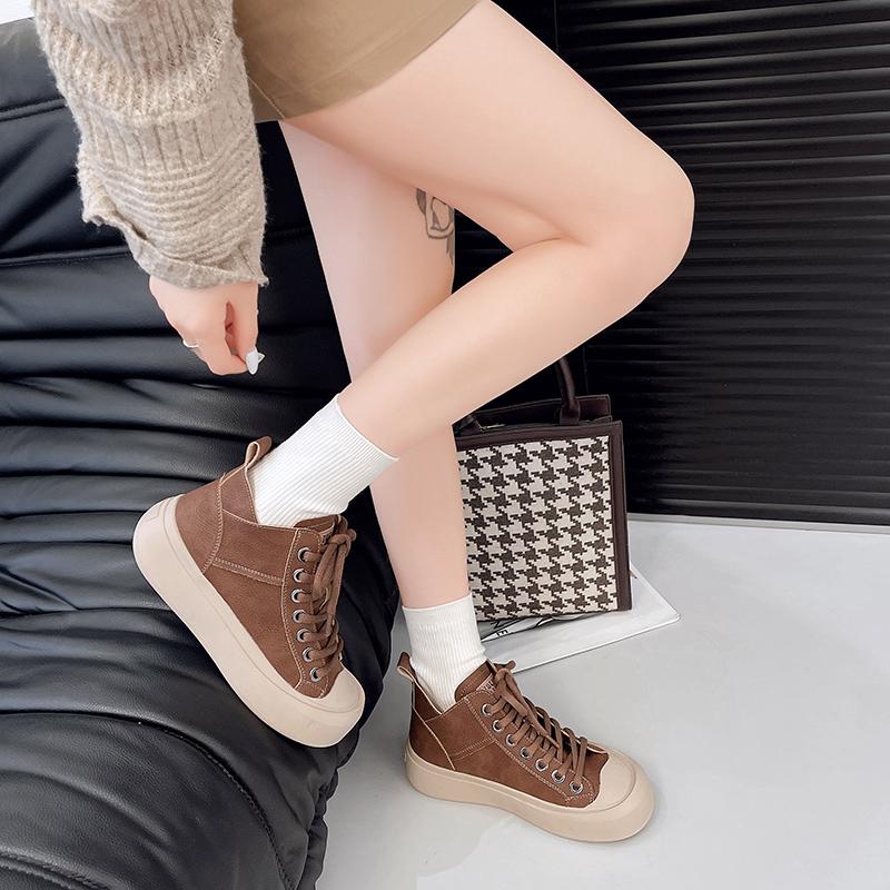 Fashion Women's Lace-Up High-Top Shoes Autumn Winter New Style Retro Platform Soft-Sole Mid-Heel Ankle Boots