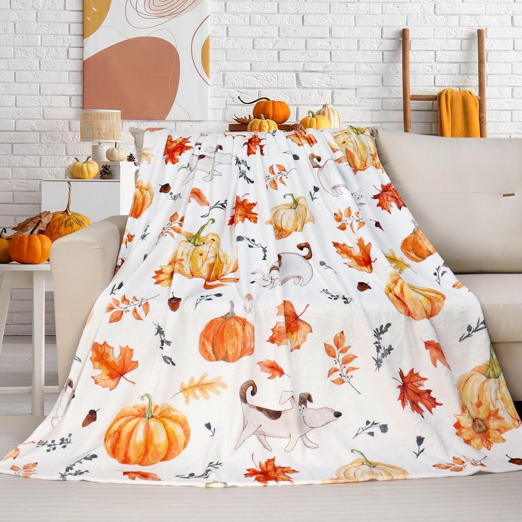 Fall Orange Pumpkin Throw Blanket Thanksgiving Harvest Lightweight Flannel Fleece Throw Blanket Autumn Happy Dog Throw Blankets Cozy Fuzzy Plush