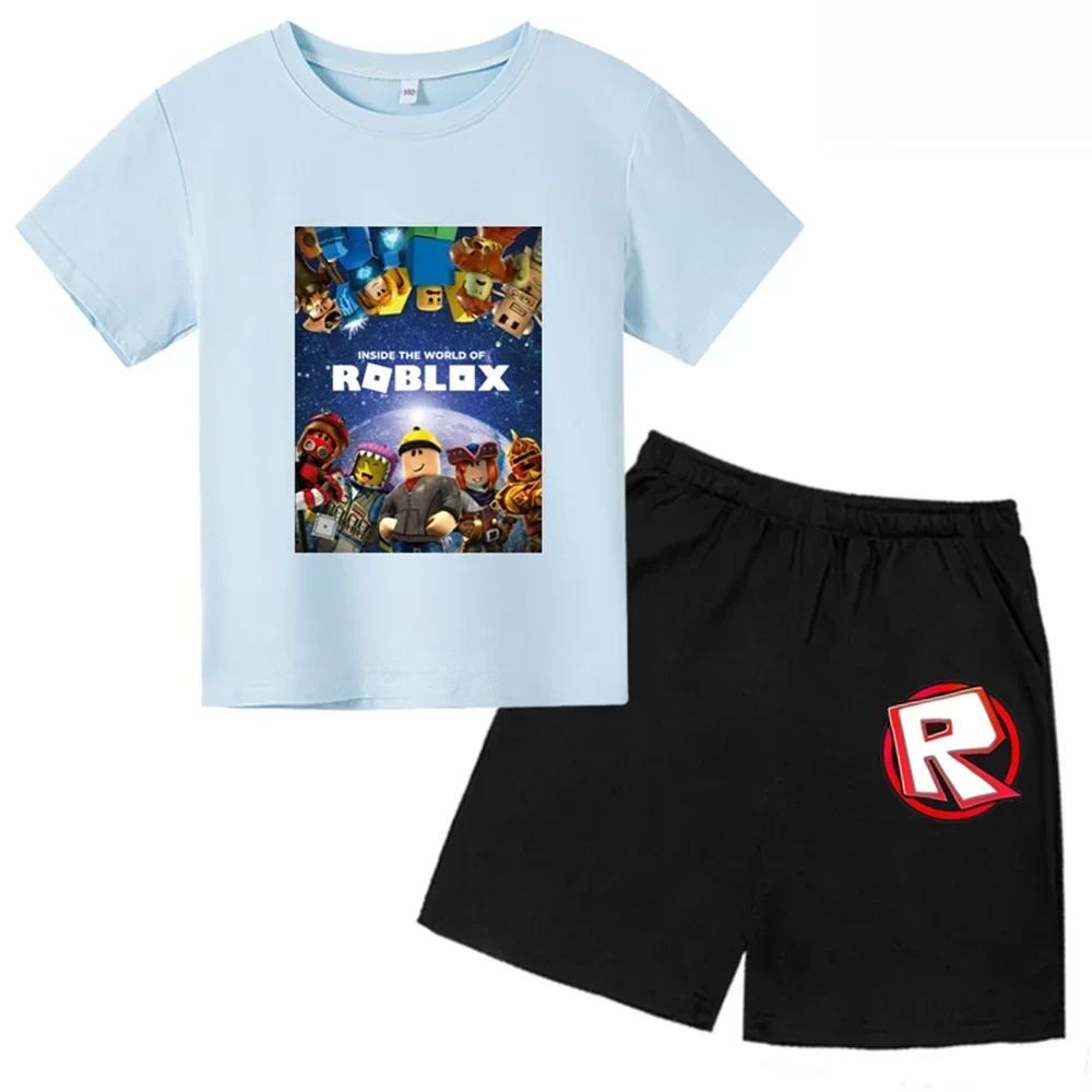 2025 MINISO Roblox Tshirt Kids Clothes Girls Tops Summer Baby Shorts Sports T-shirt Boys Shorts Children's Clothing Suit 414years