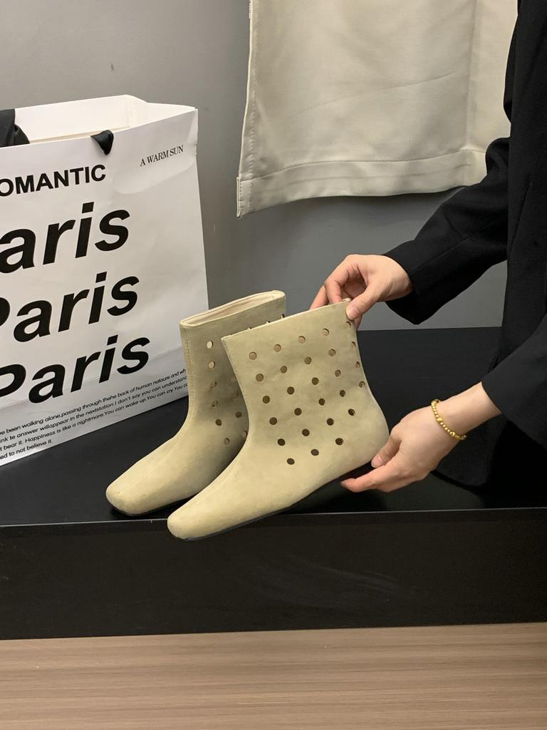 Sheepskin version~ Design sense leather wide tube hole western boots women's retro hollow breathable Maillard cool boots net boots