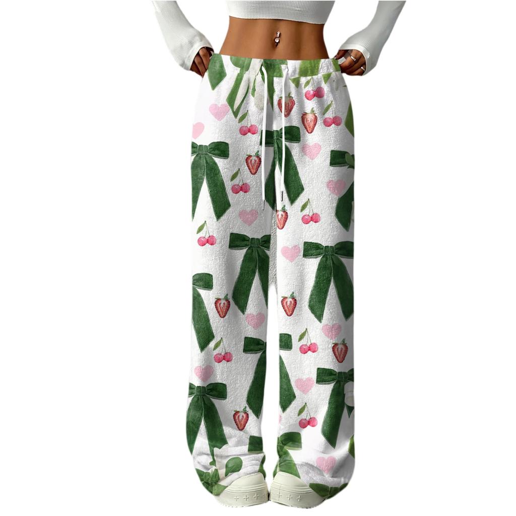 Women's Casual Fashion Printed Elastic Waist Loose Straight Leg Pants With Rope