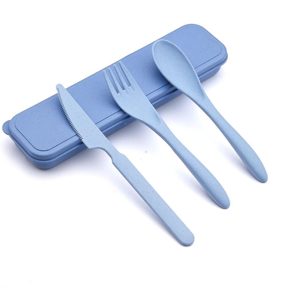 

Портативные столовые приборы, детские столовые приборы, дорожный набор столовой посуды для кемпинга, нож, вилка, ложка, обеденный набор, набор пшеничной посуды с коробкой синий