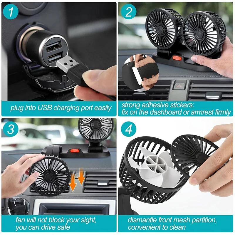Ventilátor do auta 360° nastavitelný 3hlavý vzduchový ventilátor Automobilový elektrický ventilátor Ventilátor USB/12V/24V 2 rychlosti Automobilový tichý ventilátor Pro domácí stůl Kancelář a auto