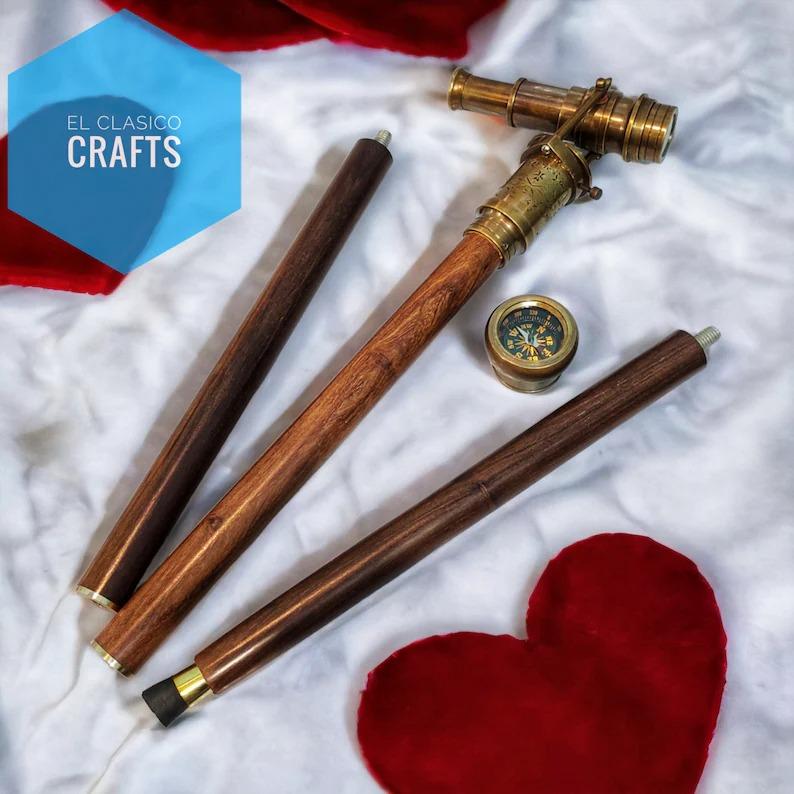 Brass Telescope Walking Stick Wooden Cane Handle With Compass Dollond London Art gift