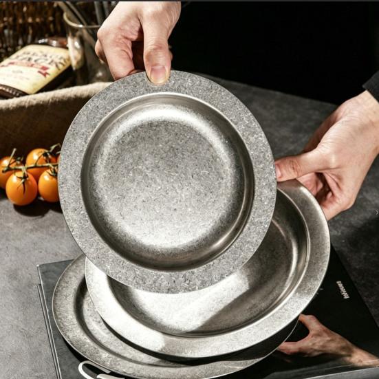 Stainless Steel Round Plate Retro Dessert Dish for Steak BBQ Straight Edge Flat Bottom Tray for BBQ Home Camping Picnic