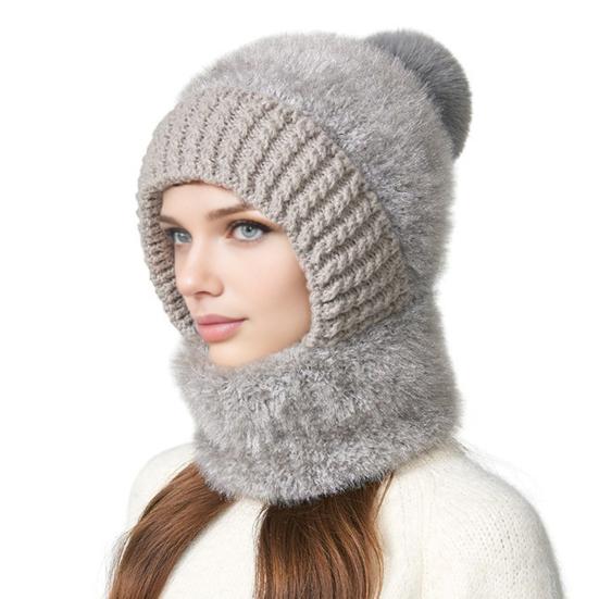 Yousheng Riding Headgear 3 in 1 Hat Scarf Face Guard Solid Color Plush Ball Decor Thickened Warm Windproof Winter Hat