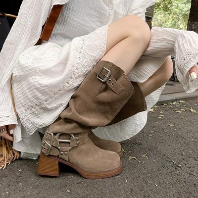 Western Women's 2024 New Winter Short Boots Mid Sleeve Retro Thick Heel High Heel Denim Boots