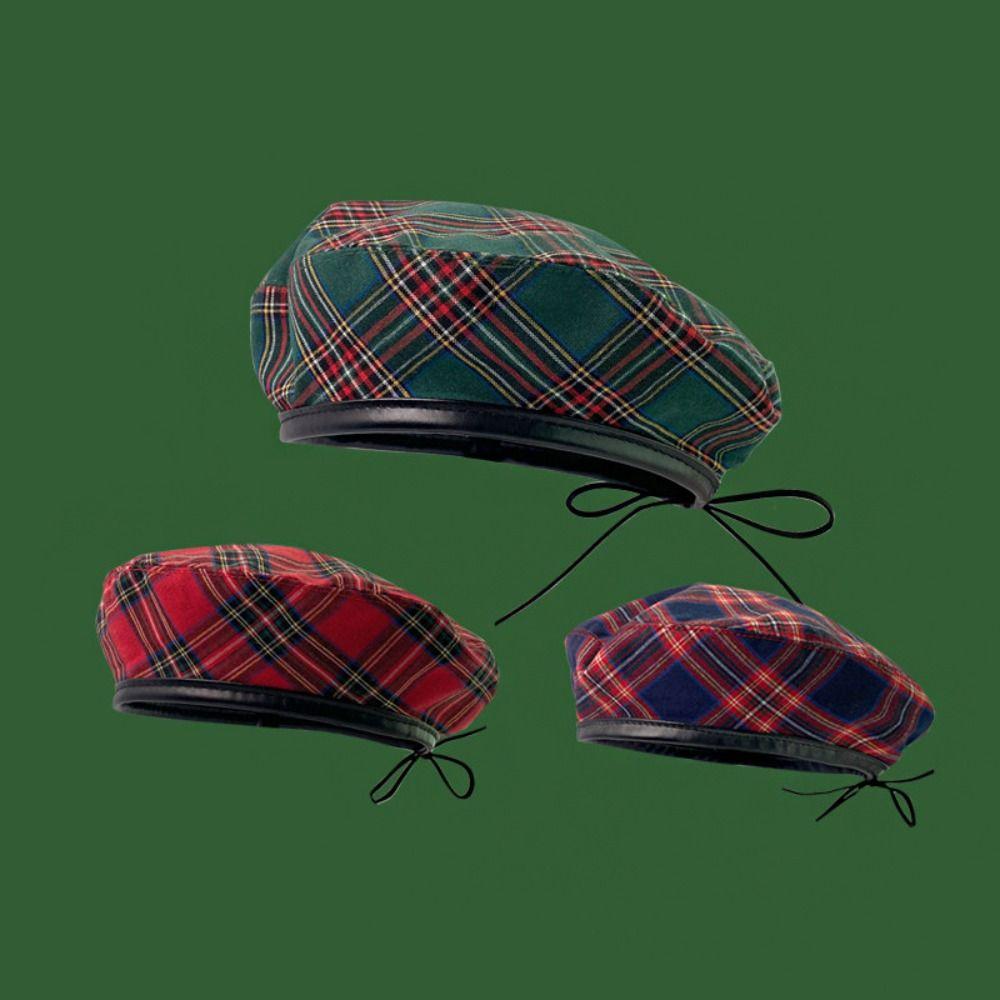Y2K Tartan Plaid Beret Drawstring Artist Hat Fashion Newsboy Cap Autumn