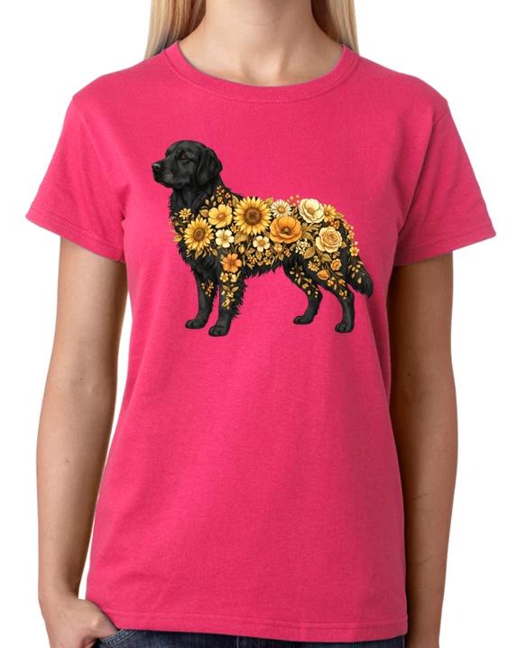 Floral Black Labrador Dog Art Ladies T-Shirt Elegant Pet Lover Tee XXL