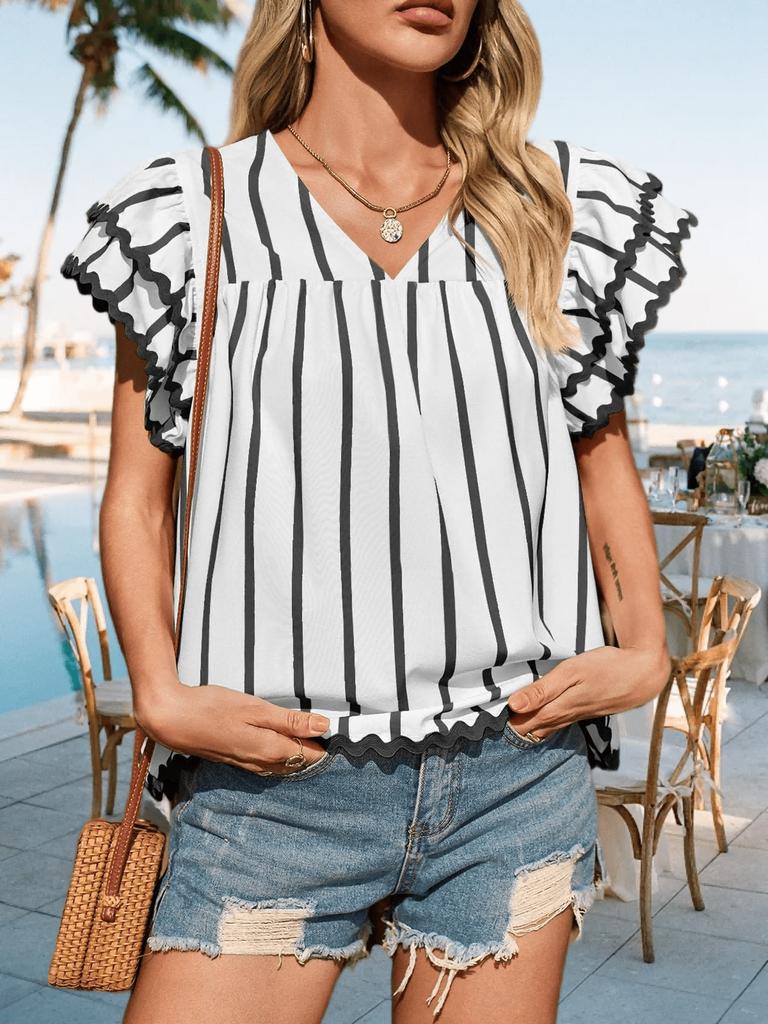 Women's Vertical Striped Blouse V Neck Ruffle Sleeve Pleated Trim Summer Top