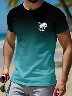 Men's Casual Summer Graphic T-Shirt Lightweight Polyester Round Neck Regular Fit Vibrant Palm Tree Print