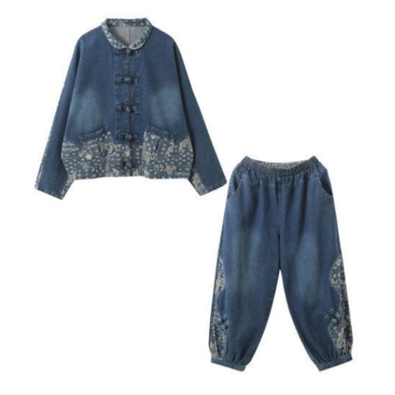 Ensemble Denim Grande Taille à Col Montant, Splicing Style Ethnique Femme, Ensemble Jean Deux Pièces Boucle Ample et Tendance